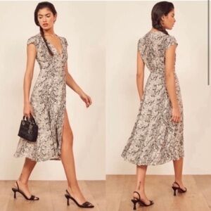 Reformation Carine Dress Snake Skin Print Chiffon Wrap Midi Short Sleeve XS